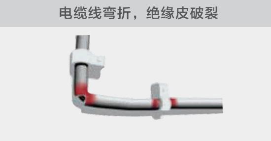 在安裝過(guò)程中，由于電線的彎曲半徑過(guò)小，或是線夾過(guò)緊，導(dǎo)致線纜絕緣皮破裂，產(chǎn)生電弧隱患